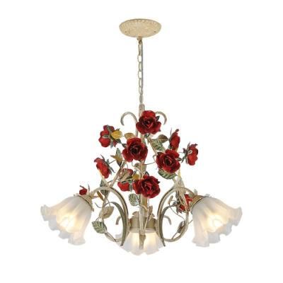 Wrought Iron Fixtures Red Rose Glass Cover Chandelier Light for Drawing Room