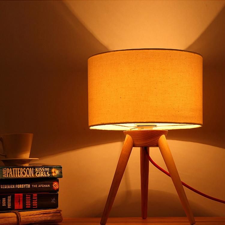 Table Lamp with Fabric Shade and Wooden Base Light