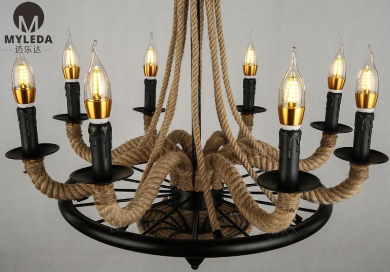 Vintage American Country Style Hemp Rope Iron Pendant Light