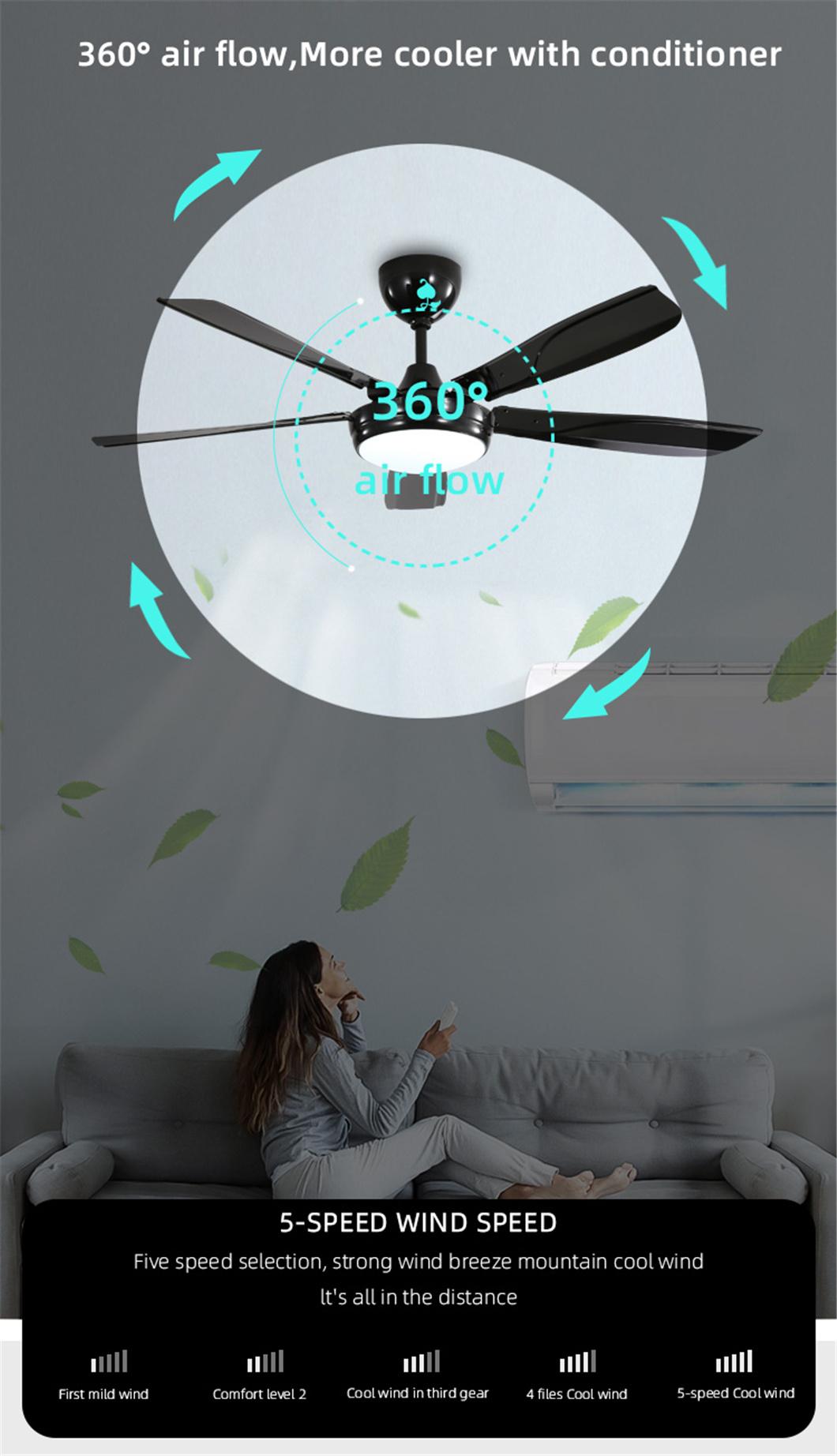 Simple Design 5 Fan Speed 52 Inch 5 Iron Blades LED Ceiling Fan Light