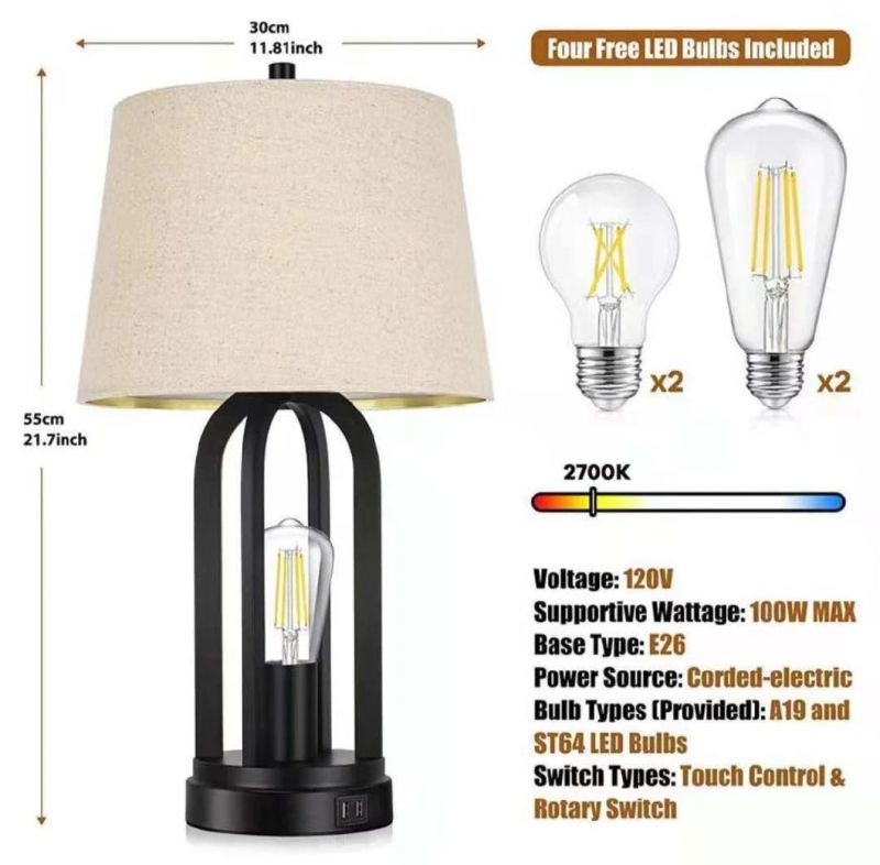 Decorative Smart Lamp Table Lamp Study Lamp Wooden Home Goods Designed USB Charging Port Bed Side Lamps