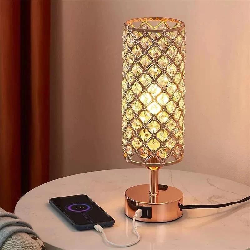 Touch Control Crystal Table Lamp Set of 2 Bedside Nightstand Lamps with 2 USB Charging Ports, Outlet, K9 Crystal Decorat