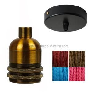 E27 Socket Brass Vintage Pendant Lamp Kit with Fabric Wire and Black Ceiling Rose
