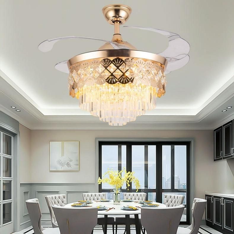 Luxury Crystal Gold Chandelier Reversible Invisible Retractable Ceiling Fan with Light