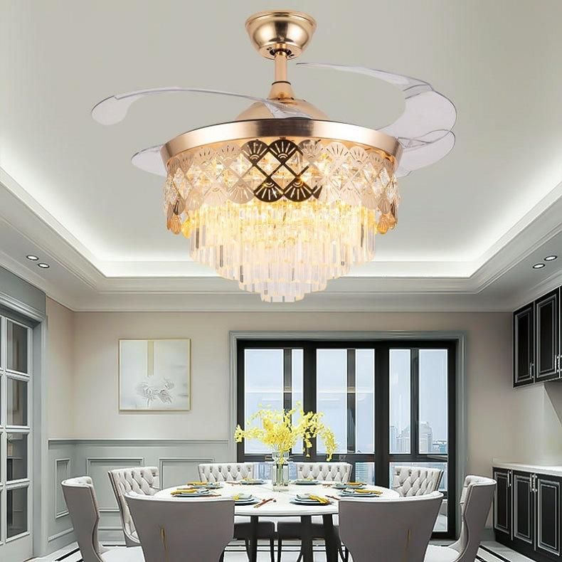 Luxury Crystal Gold Chandelier Reversible Invisible Retractable Ceiling Fan with Light