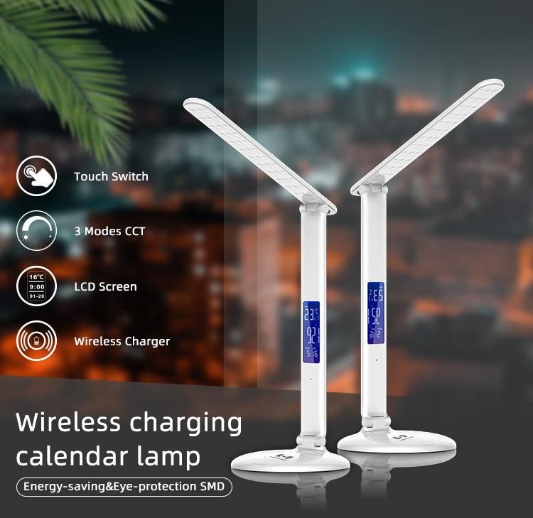 3 Color Adjust Wireless Charging LED Table Reading Lamp Folding Wireless Charger Desk Lamp with Clock/Temperature/Calendar