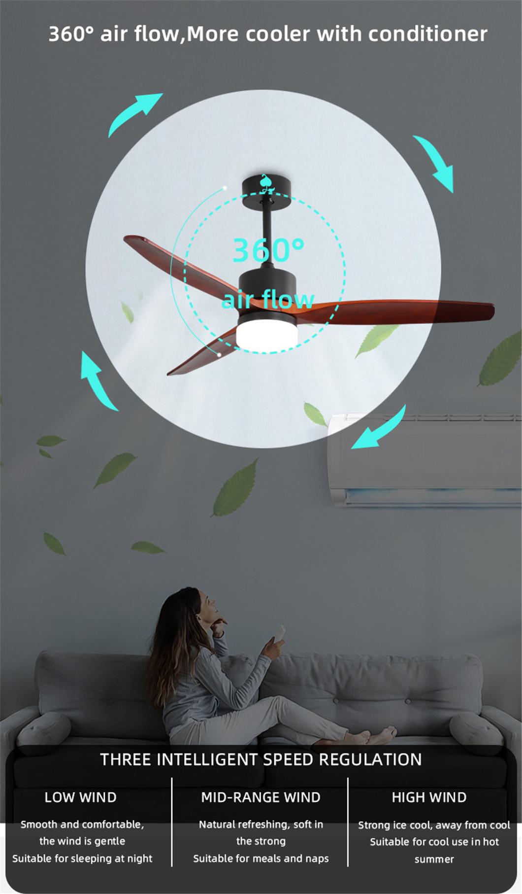 Hot Sale Remote Wall Control Solid Wood Blades 3 Fan Speed LED Ceiling Light with Fan