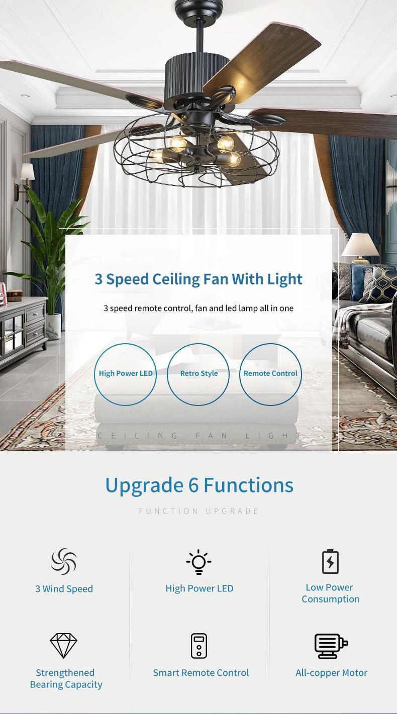 Ceiling Fan with Light for Restaurant Living Room Bedroom Create Iron Cage Rustic Style LED Lamp