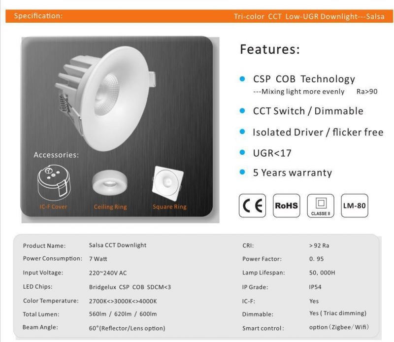 7W Salsa Tri-Color CCT 5 Years Warranty COB Low-Ugr Downlight LED Down Light