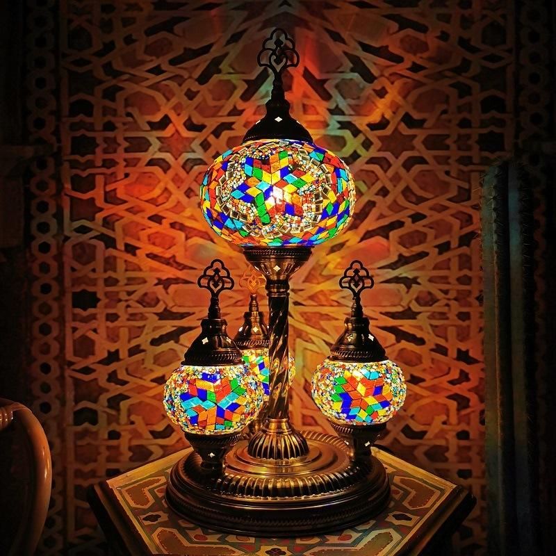 Turkish Restaurant Glass Table Lamp with Brozne Metal Base Colorful Handmade Desktop Lamp (WH-VTB-20)