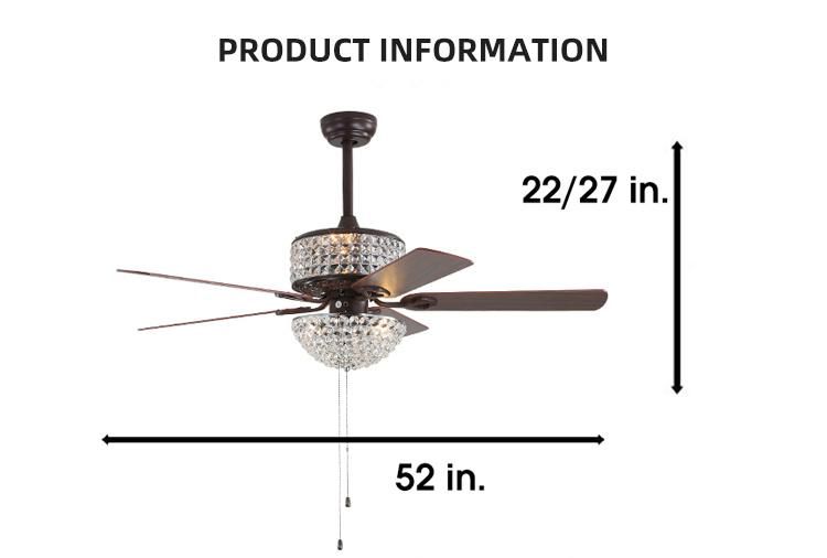 52 Inch Crystal Ceiling Fan Light Fixture Quiet Motor 5 Blades 3 Speed Ceiling Fan Remote Control Decoration