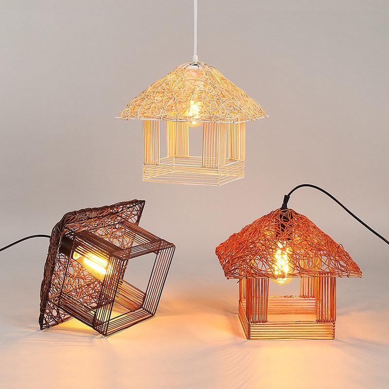 LED Idyllic Rattan Small House Chandelier Weaving Cabin Living Room Lamp Bedroom Warm Creative Personality Restaurant Bamboo Chandelier