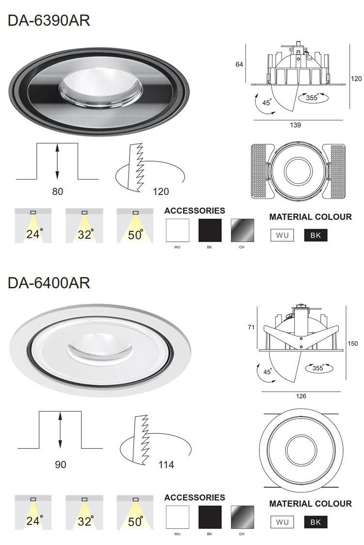 Hotel Project Ceiling Lamp Down Lighting with CE RoHS Anti-Glare Recessed LED Downlight