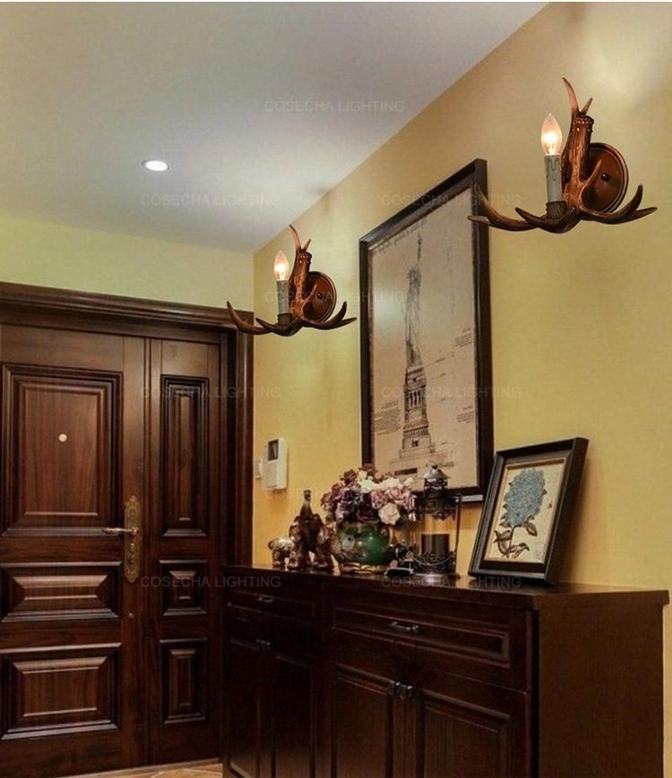 Antique Deer Antler Wall Lamp in Restaurant Bedroom Vintage Resin Wall Sconce Lamp (WH-VR-69)