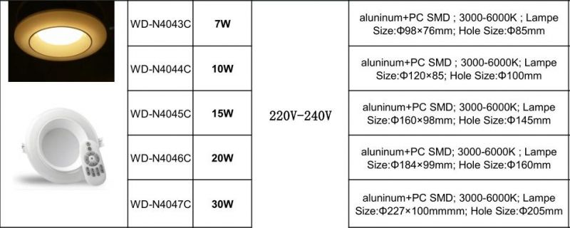 Alunimium Housing LED Downlight Dimmable & Colour Changeable with Remote 3000K-6000K
