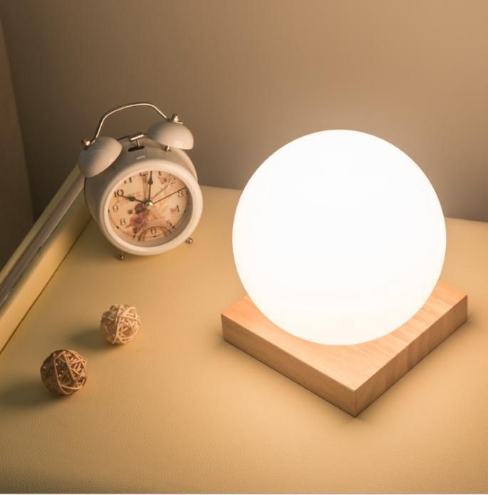 Modern Table Lamps Glass Globe Table Light Wood Base Bedroom Desk Lamps Study Night Lighting