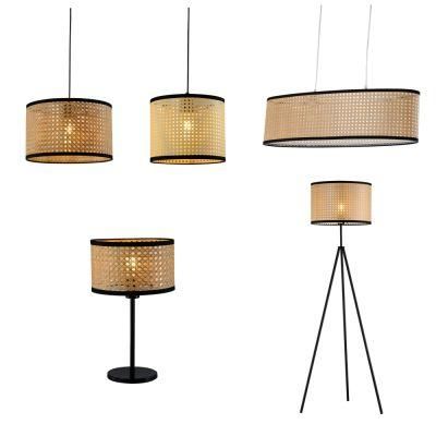 New Indoor Rattan Bamboo Shade Modern Decoration Wooden Tripod LED Stand Floor Light and Table Lamp Pendant Lamp