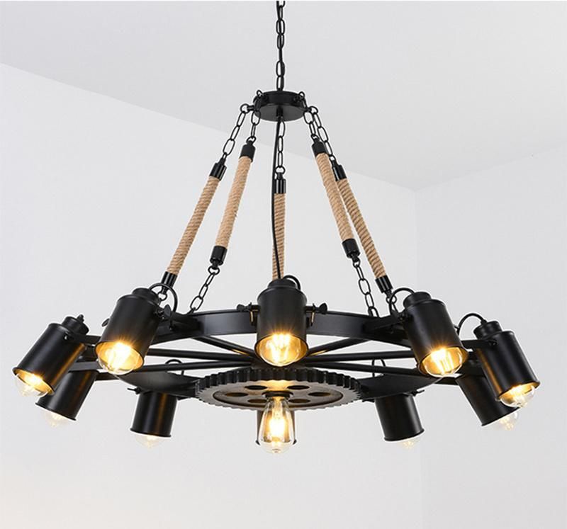 Vintage Iron Black 6 Light Chandelier Pendant Lamp European Antique for Indoor Decoration