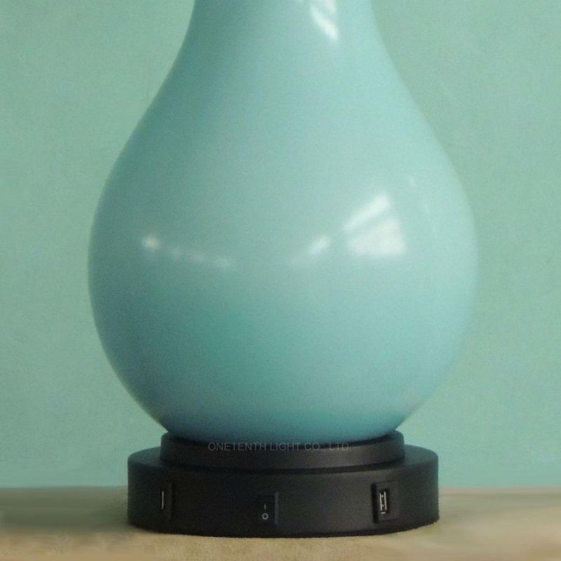 Blue Ceramic and Fabric Shade Fluorescent Desk Lamp with Power USB Outlet