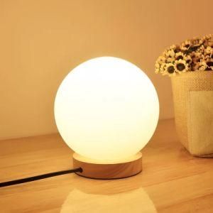 E26/E27 Lampsholder, White Matt Globe Glass Wood Desk Light