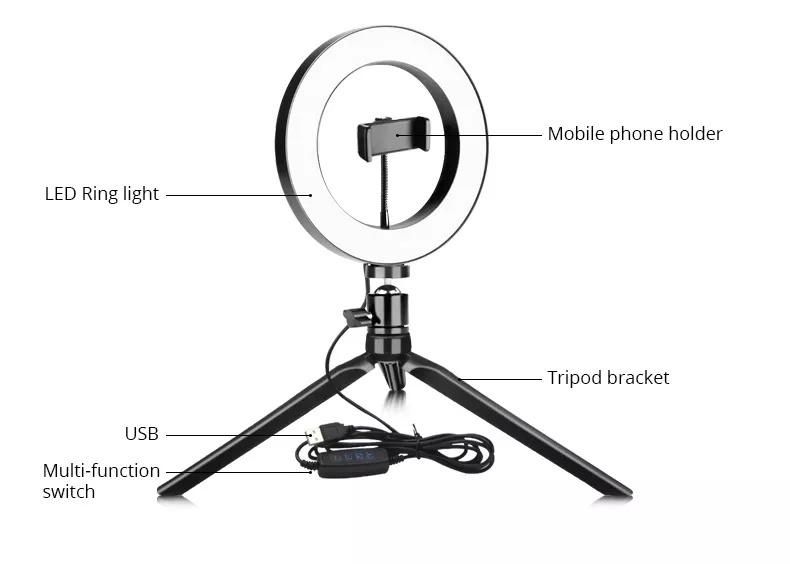 Beauty Selife Camera Studio Mobile Phone Photo Dimmable USB LED Circle Round Ring Lamp Tripod Stand Light