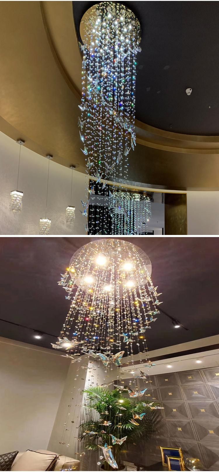 Colorful Butterfly Shape Lamp Long Staircase Custom Glass Luxury LED Chandelier Light