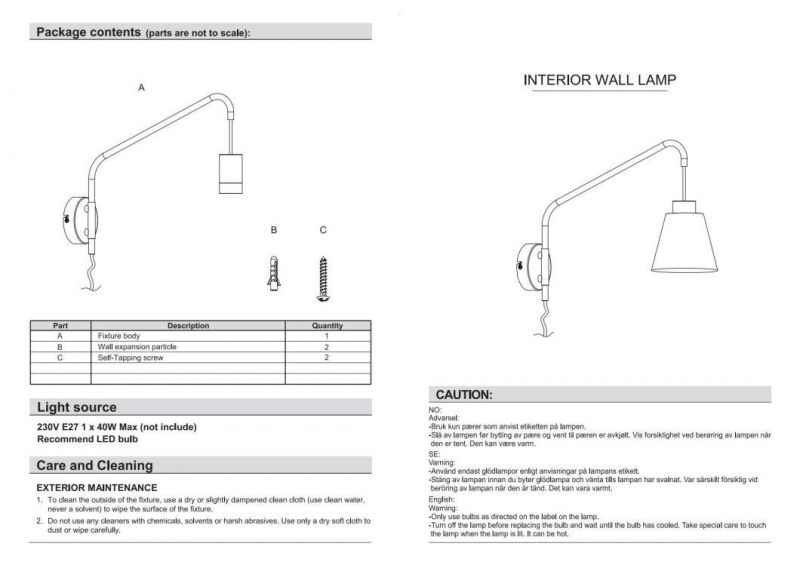 modern Simple Industrial Design Wall Lamp with 2m Black Braided Cable in Wall Light Swing Arm Wall Sconces Wall Lighting Industrial, E27 Base (Sandy Black)