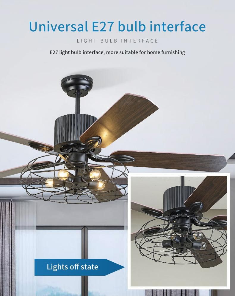 Hot Sale USA Morden Industrial Style Wooden 5 Blades LED Ceiling Fan with Light Bulb for Ceiling with Remote Control