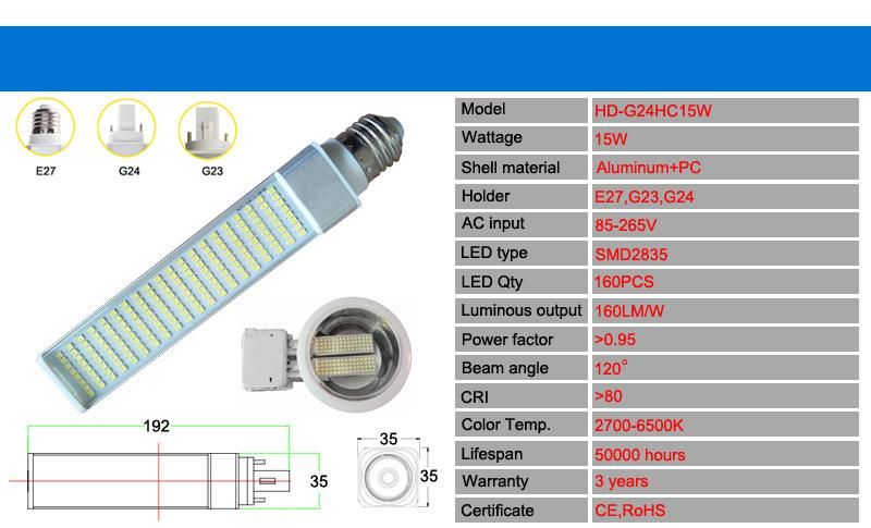 15W Gx23 Base Isolated Internal LED Driver LED Pl Light Bulb for Restaurant, Hotel, Office, Hospital