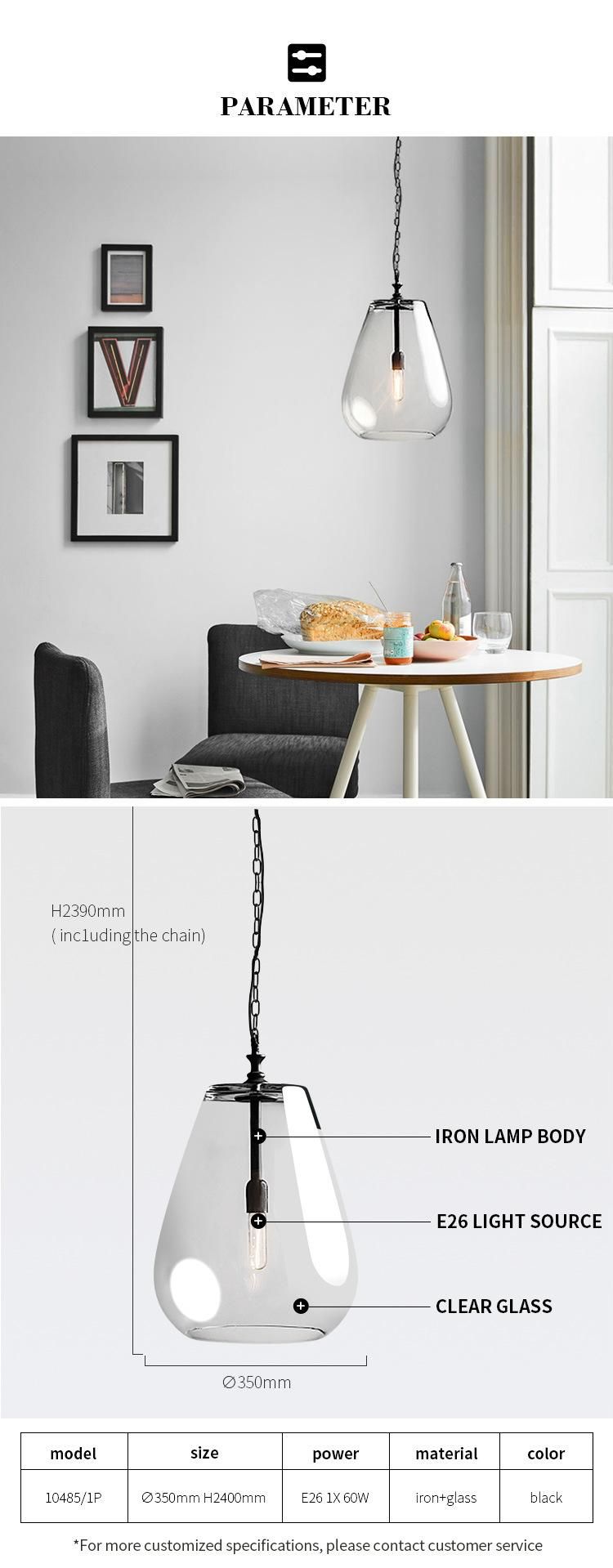 E26 Single Light Indoor Iron Black Glass Kitchen Pendant Light