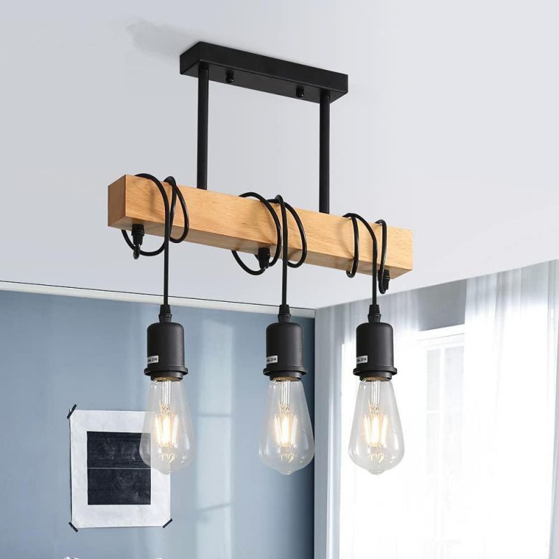 E27 Industrial Pendant Lighting, 3-Light Vintage Winding Lamp Loft Bar Wood Pendant Light (WH-VP-58)