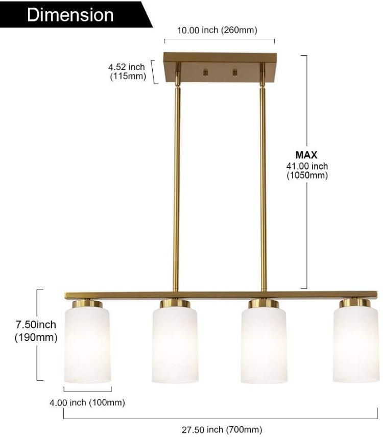 Jlc-8047 Cylinder Lighting Pendant with 4 Opal White Glass Lampshades Farmhouse Chandelier for Kitchen Dining Room