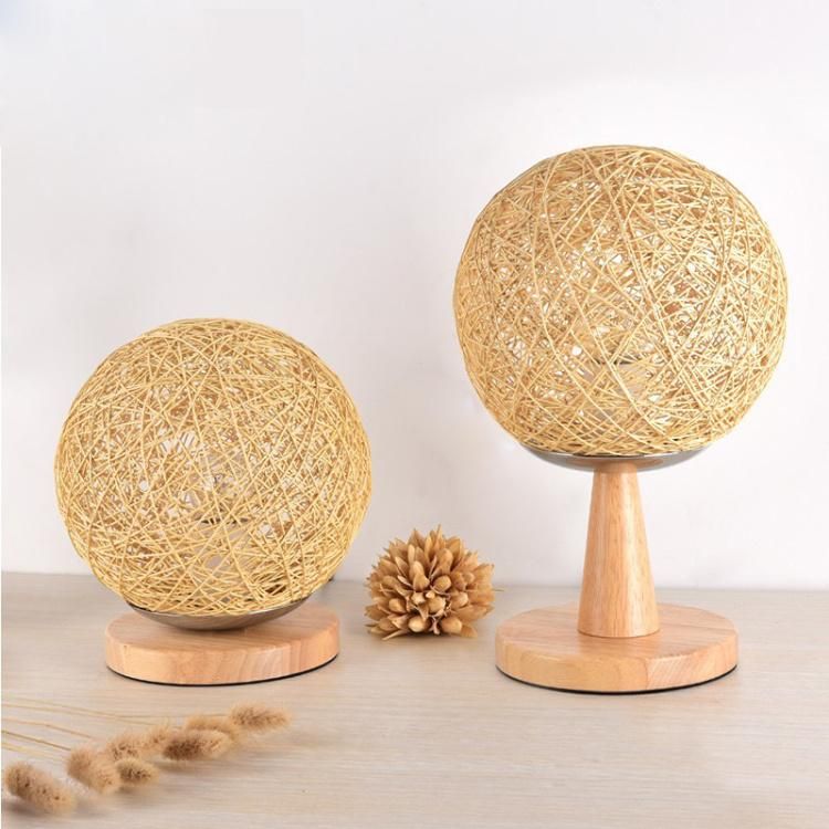 Jlt-R07 Natural Light Table Lamp Globe Ball Round Bamboo Rattan Shade Solid Wood Base for Bedroom Lighting