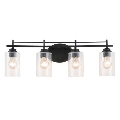 4 Light Matte Black Vanity Light Fixtures with Seeded Glass