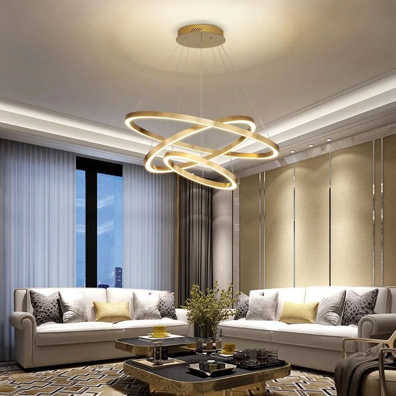 Customized Home Decor Unique Hanging Round Stainless Steel Golden Modern LED 5 Acrylic Rings Ceiling Light Pendant Chandelier