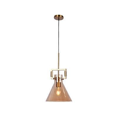 One Lite Cone Shape Brown Glass Pendant Lamp in Gold