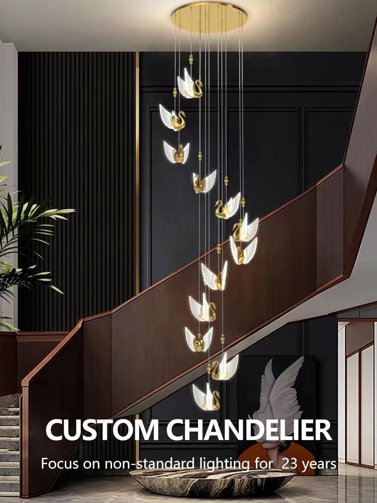 Goose Shape Decorative Staircase Hotel Commercial Custom Project Luxury Glass Long Chandelier