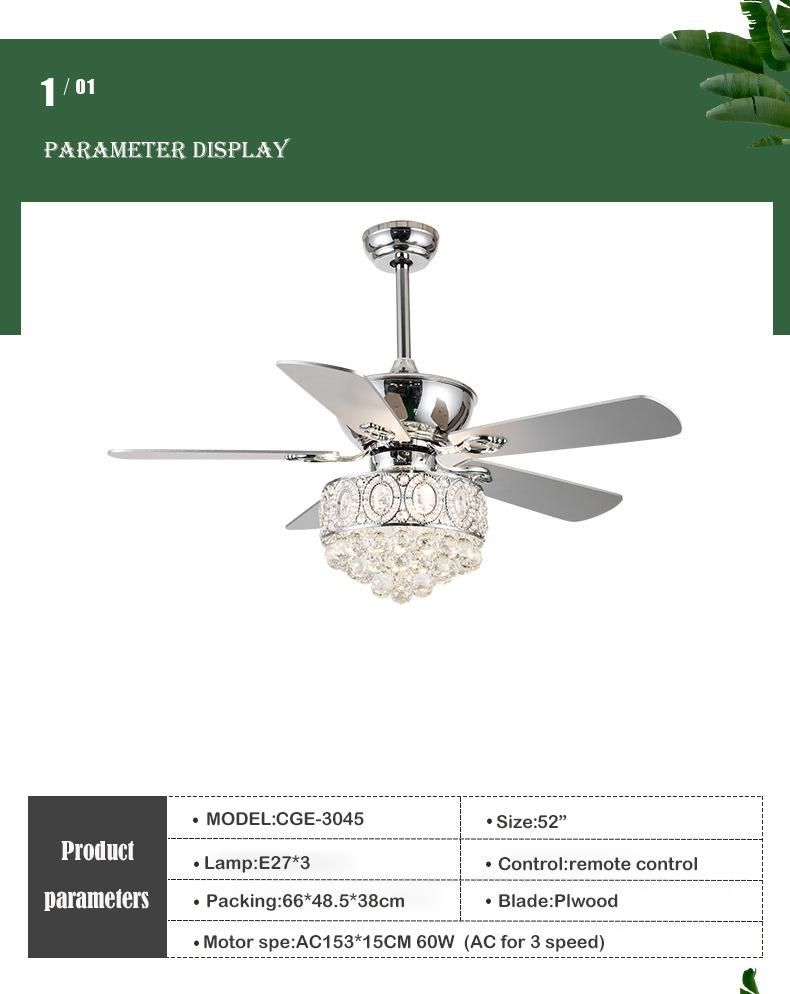 Decorative Trend White Light Crystal Fan Light Wall Power Electric Style Time Air Ceiling Fan Plywood Blades Crystal Light