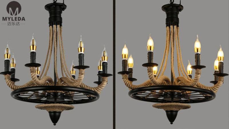 Vintage American Country Style Hemp Rope Iron Pendant Light