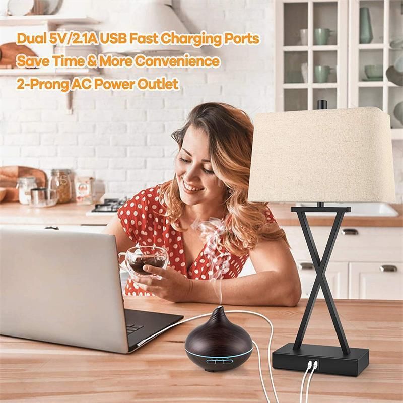 Modern USB Table Lamp Linen Shade Wireless Charge Table Lamps Black LED Light