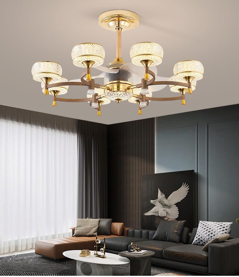 Nordic Copper Ceiling Fan Light Glass Crystal Chandelier Household Living Room Dining Room Fan with Light Remote Control