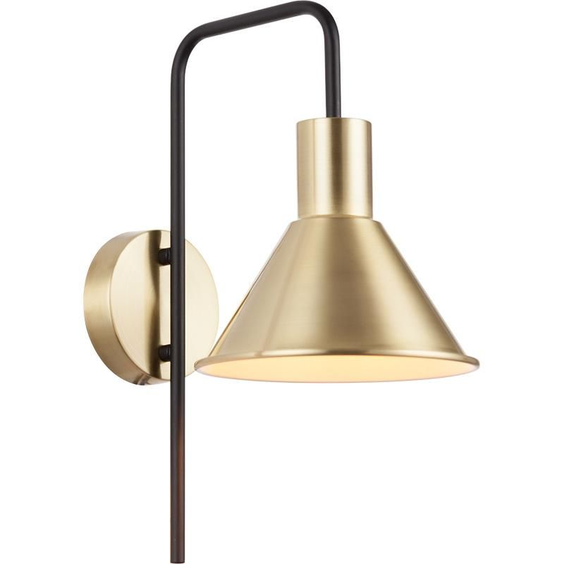 Adjustable Swing Arm Wall Lamp Matt Black & Brass Plug-in Light Fixture Downlight Shade for Bedroom Bedside House Reading Livingroom Home Hallway Dining Kitchen
