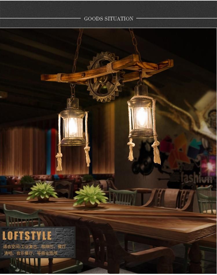 American Design Glass Chandelier Retro Cafe Wooden Lamp Gear Industrial Rectangle Chandelier (WH-VP-71)