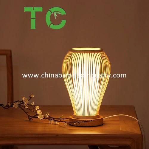 Bamboo Desk Table Lamp with Wood Base and Rattan Weave Lamp Shade for Hotel