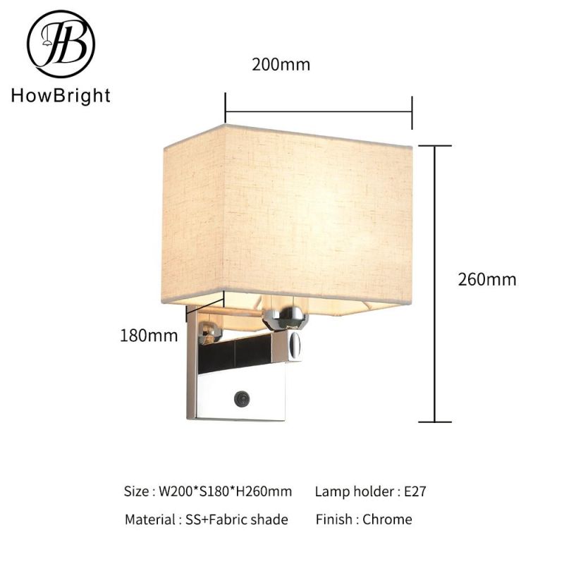 Metal & Fabic Hotel Wall Lamp Gold Wall Sconce Chrome Wall Lighting IP44 Bedside Wall Light for Hotel & Bedroom Night Lighting Bed Reading Lamp