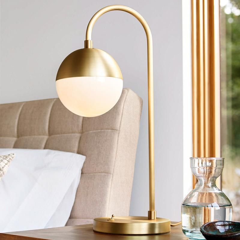 Modern Arc Gold Base White Glass Shade Globe with Brushed Brass Finished for Living Room Office Table Lamp Brass Finish Nightstand Light