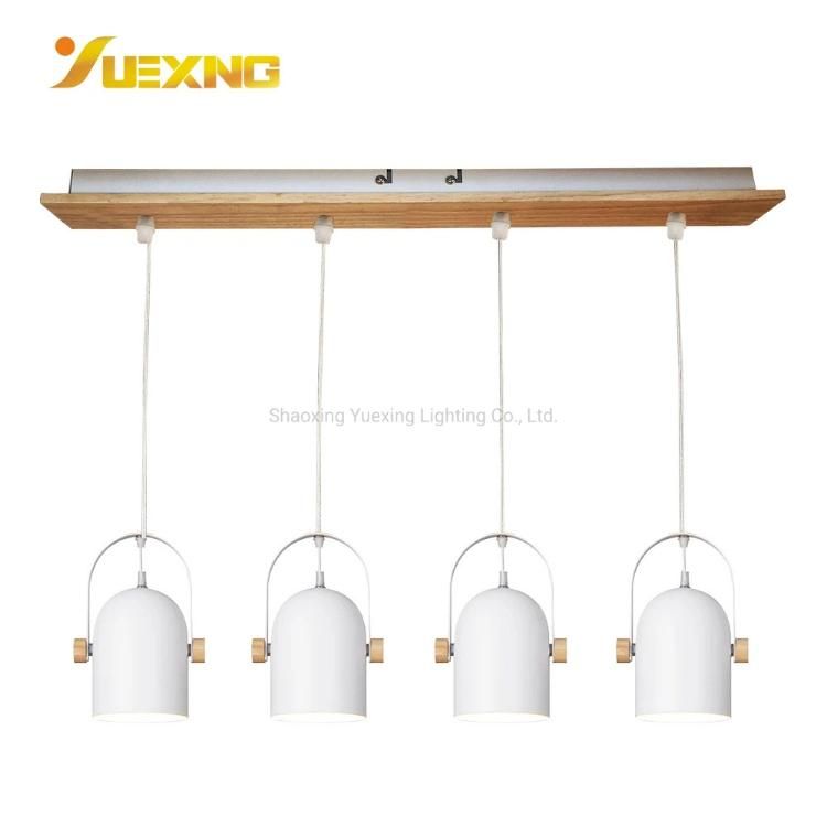 Modern Nordic Style Wooden Pattern Metal Round E27 4-Lamp Hanging Chandelier Ceiling Pendant Light Interior Decorative White Lighting for Living Room, Bedroom