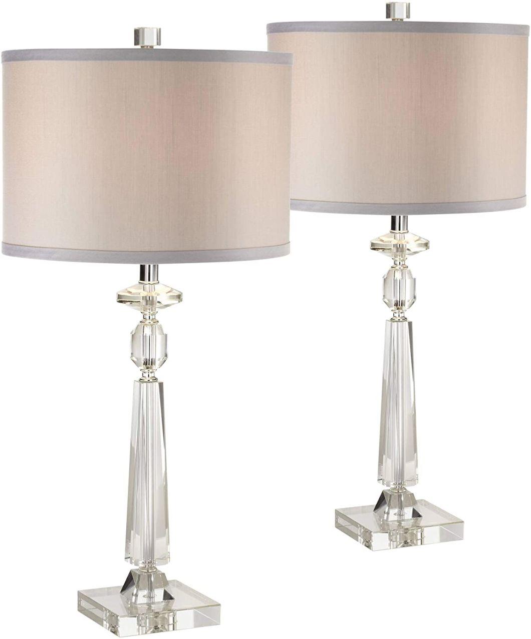 Modern Contemporary Luxury Style Table Lamps Set of 2 Clear Crystal Column Gray Drum Shade for Living Room Bedroom House Bedside Nightstand Home Office Reading