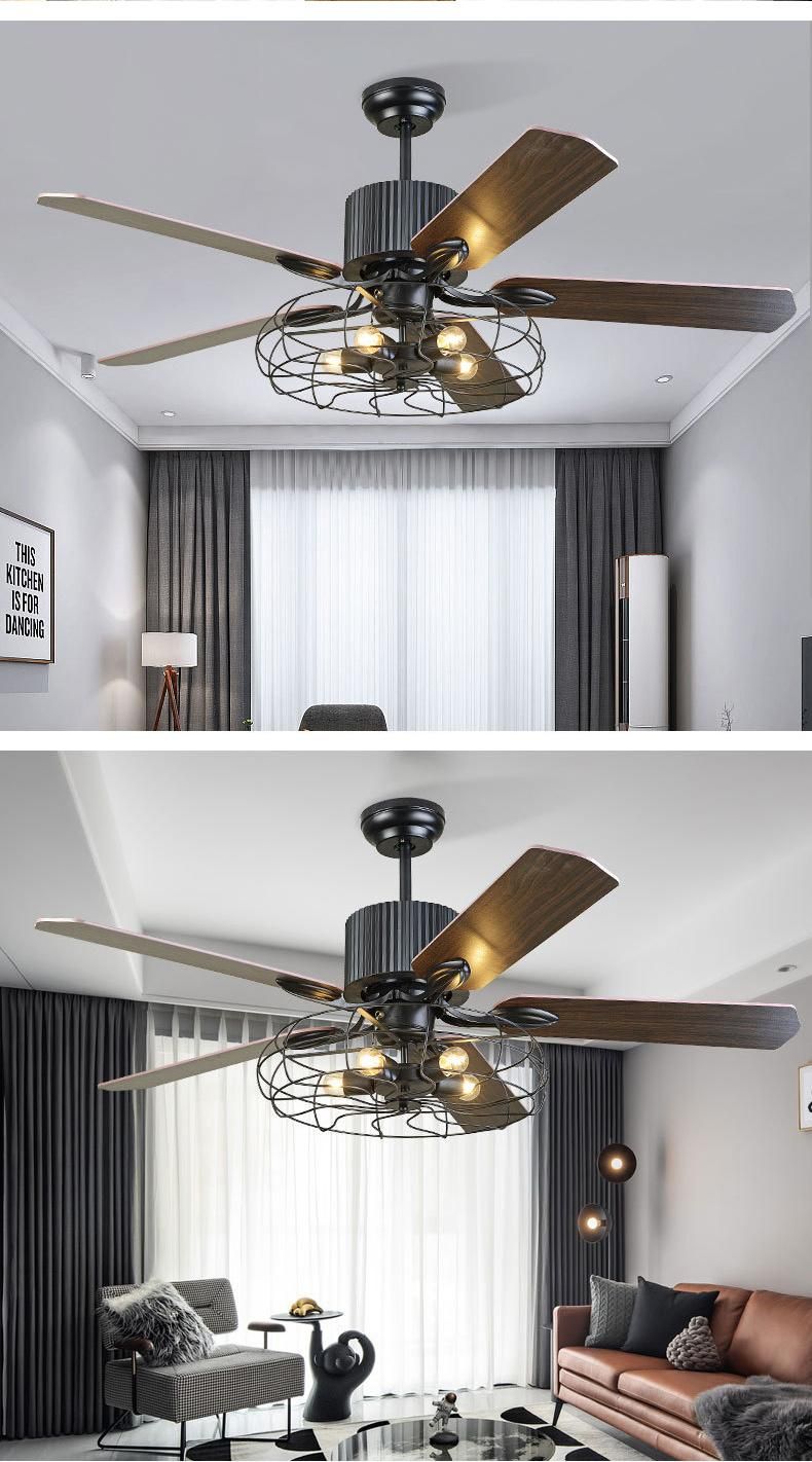 Ceiling Fan with Light for Restaurant Living Room Bedroom Create Iron Cage Rustic Style LED Lamp