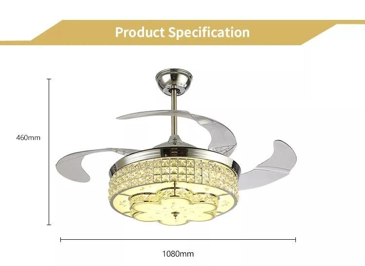 High Quality New Design 42 Inch Crystal Ceiling Fan LED Light with Invisible Blades